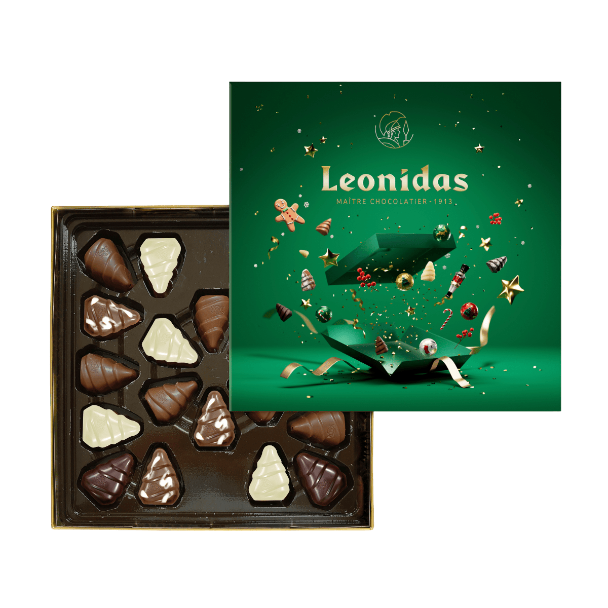 Atidaryta žalia „Leonidas Christmas Trees M“ dėžutė su eglutės formos šokoladais