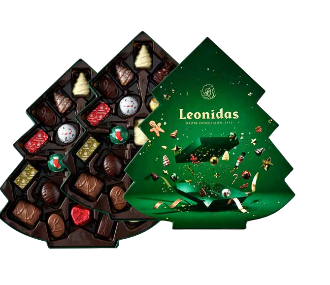 Atidaryta ir uždaryta žalia „Leonidas“ eglutės formos dėžutė su 20 šokoladų