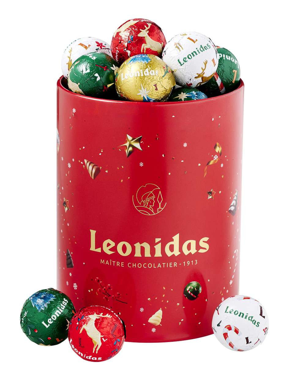 Metalinė cilindrinė „Leonidas“ kalėdinė dėžutė su šokoladiniais kamuoliukais